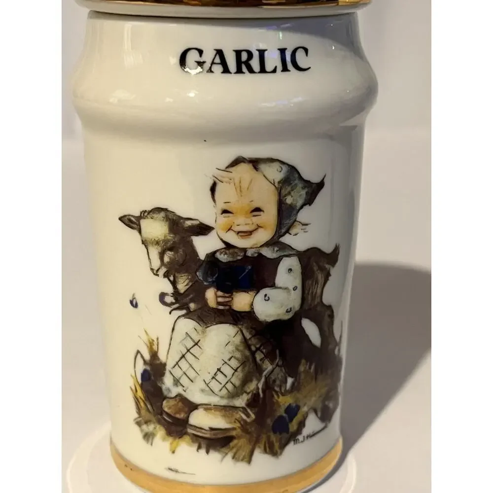 Vintage M.J. Hummel Onion & Garlic Porcelain Spice Jars Gold Trim Set of 2